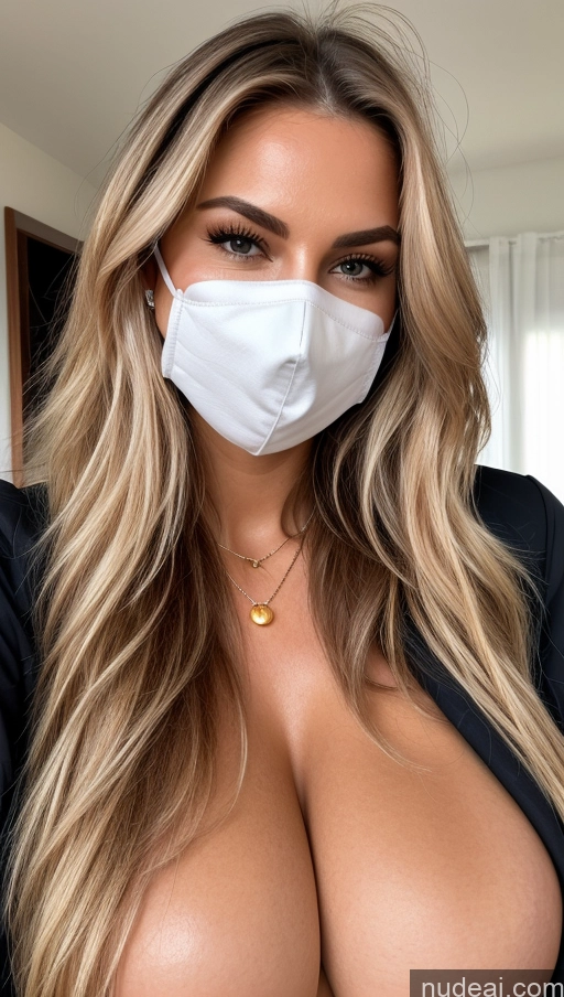 ai nude image of a close up of a woman wearing a face mask and a black jacket pics of One Pubic Hair Perfect Body 30s Serious Blonde Long Hair Swedish Diamond Jewelry Gold Jewelry Jewelry Pearl Jewelry Cleavage Huge Boobs Face Mask