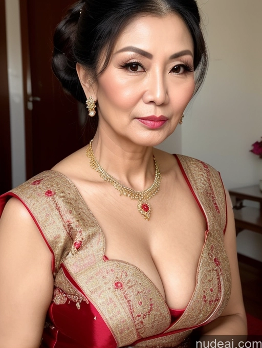 ai nude image of araffed asian woman in a red dress with a necklace and earrings pics of Milf Beautiful Hair Bun 60s Asian Pouting Lips Sexy Face Traditional Cleavage