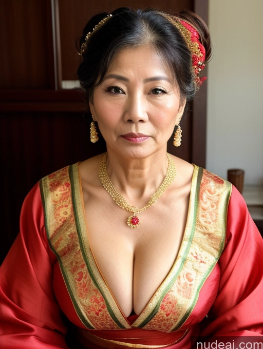 ai nude image of there is a woman in a red dress with a necklace and earrings pics of Milf Beautiful Hair Bun 60s Asian Traditional Cleavage Sad Sexy Face