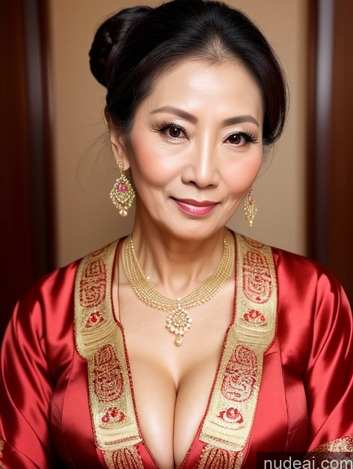 ai nude image of arafed asian woman in a red dress with gold jewelry pics of Milf Beautiful Hair Bun 60s Asian Traditional Cleavage Seductive Sexy Face