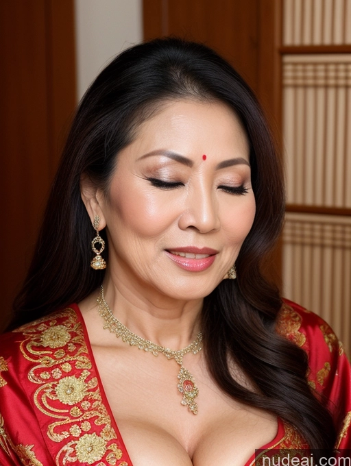 ai nude image of arafed woman in a red and gold dress with a necklace and earrings pics of Milf Beautiful 60s Asian Traditional Cleavage Long Hair Orgasm Seductive