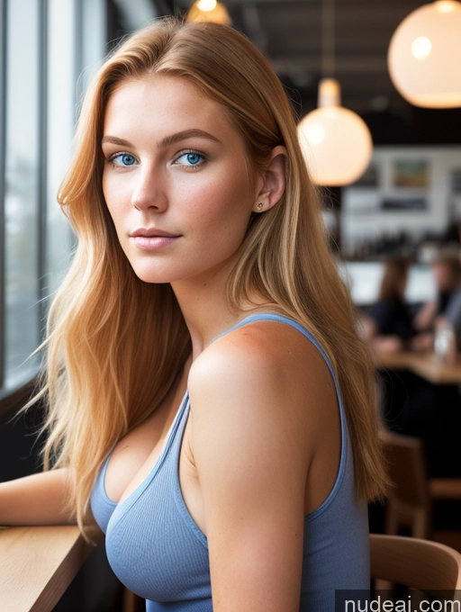 ai nude image of blond woman with blue eyes sitting at a table in a restaurant pics of Woman Perfect Boobs Big Ass Perfect Body Skinny 18 Ginger Long Hair 3d Casual Cafe Scandinavian Sad