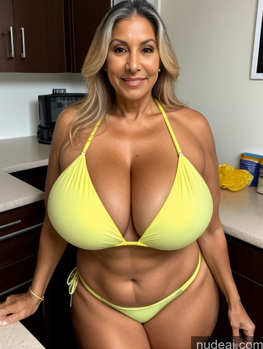 ai nude image of arafed woman in a yellow bikini posing in a kitchen pics of Milf 70s One Busty Huge Boobs Tanned Skin Front View Microkini Thong Lab Coat Professor Brazilian