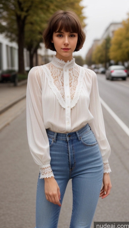 ai nude image of araffe woman in a white blouse and jeans standing on a street pics of Small Tits Beautiful Small Ass Skinny Short Hair Fairer Skin 18 Brunette Russian Detailed Proper Attire | Chic Tops Street Jeans