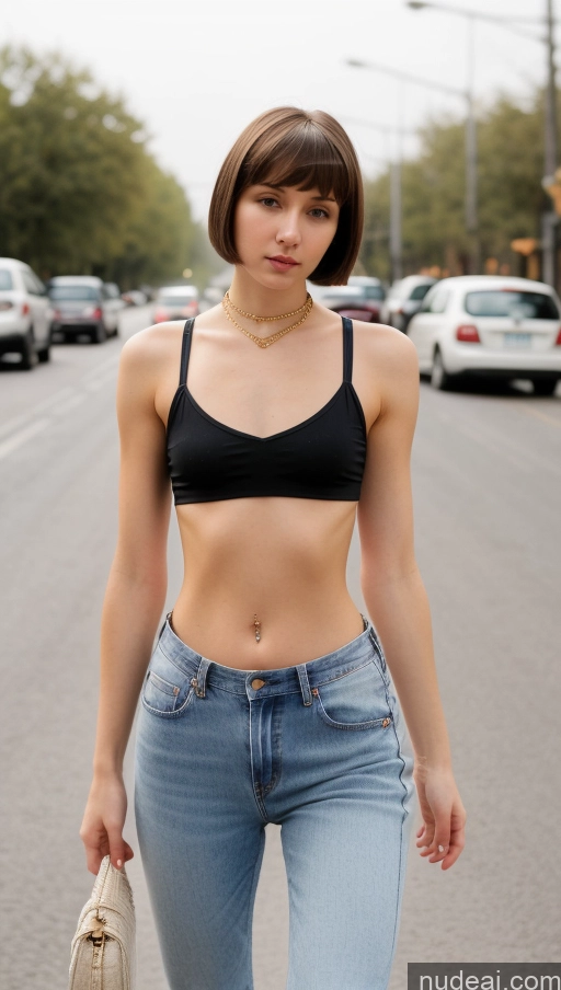 ai nude image of arafed woman in a black top and jeans walking down a street pics of Small Tits Beautiful Small Ass Skinny Short Hair Fairer Skin 18 Brunette Russian Detailed Visible Thong Straps Street Jeans Crop Top