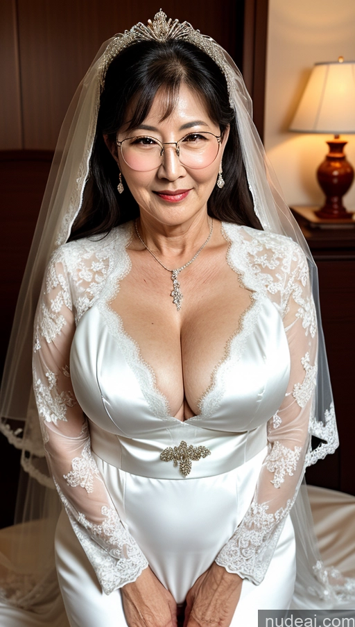 ai nude image of arafed woman in a wedding dress posing for a picture pics of Milf Busty Big Ass Big Hips Pubic Hair Fairer Skin 60s Korean Black Hair Thin Round Glasses Wedding