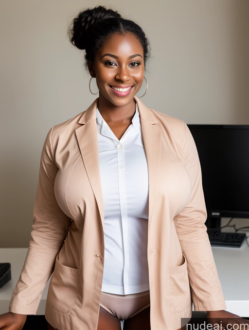 ai nude image of smiling woman in tan jacket and panties standing in front of a computer pics of Busty Huge Boobs Beautiful Skinny Dark Skin 20s Happy Brunette Hair Bun Black Nude Lab Coat