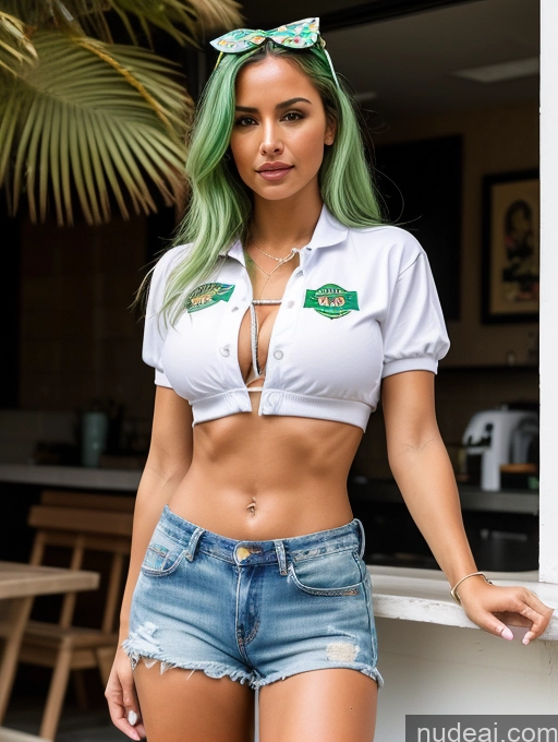 ai nude image of arafed woman with green hair and a white shirt posing for a picture pics of Perfect Boobs Perfect Body Tanned Skin 30s British Daisy Dukes Shirt Green Hair Waitress Bomber Bows