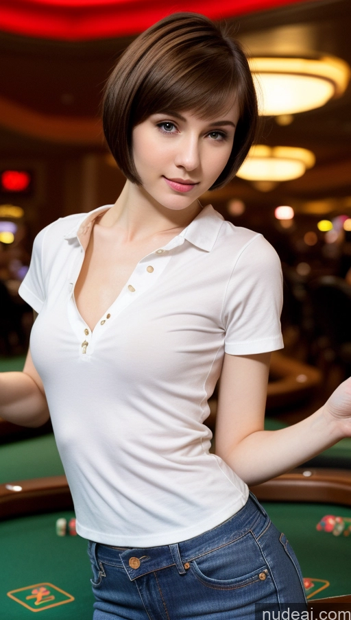 ai nude image of arafed woman in a white shirt and jeans posing in a casino pics of Small Tits Beautiful Skinny Small Ass Fairer Skin 18 Brunette Short Hair Russian Detailed Casino Jeans Shirt