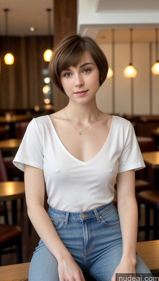 ai nude image of there is a woman sitting at a table with a plate of food pics of Small Tits Beautiful Skinny Small Ass Fairer Skin 18 Brunette Short Hair Russian Shirt Jeans Detailed Restaurant