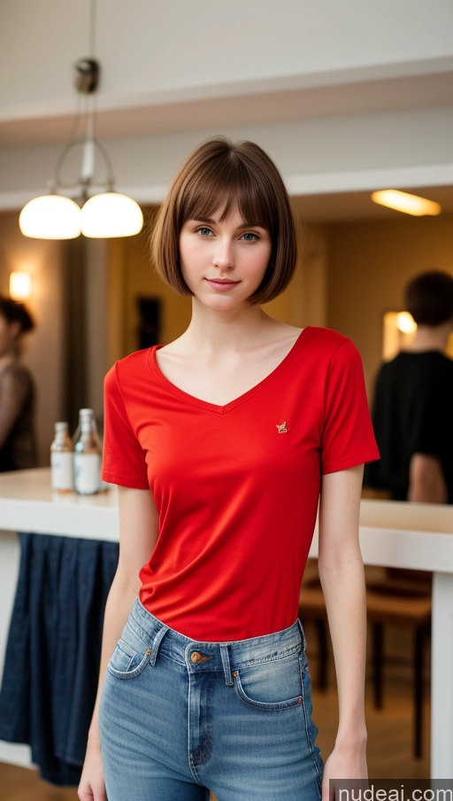 ai nude image of arafed woman in red shirt and jeans standing in front of a counter pics of Small Tits Beautiful Skinny Small Ass Fairer Skin 18 Brunette Short Hair Russian Shirt Jeans Detailed Party