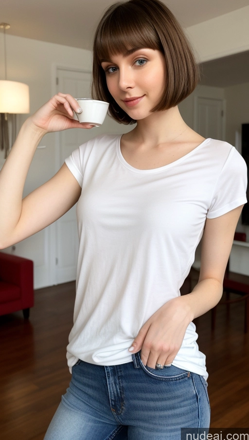 ai nude image of arafed woman in white shirt holding a cup of coffee pics of Small Tits Beautiful Skinny Small Ass Fairer Skin 18 Brunette Short Hair Russian Shirt Jeans Detailed Party