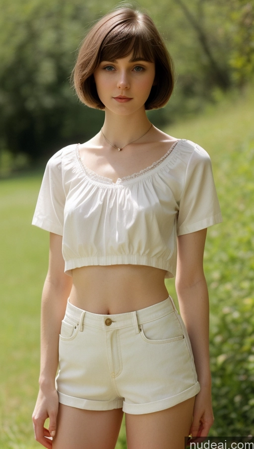 ai nude image of arafed woman in white shirt and shorts standing in a field pics of Small Tits Beautiful Skinny Small Ass Fairer Skin 18 Brunette Short Hair Russian Short Shorts Blouse Detailed