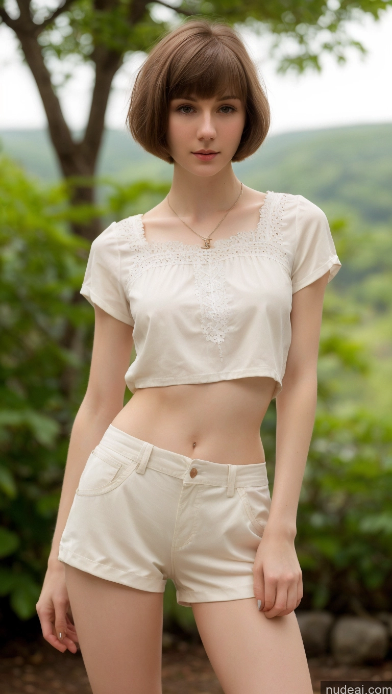 ai nude image of arafed woman in white shirt and shorts posing for a picture pics of Small Tits Beautiful Skinny Small Ass Fairer Skin 18 Brunette Short Hair Russian Short Shorts Blouse Detailed