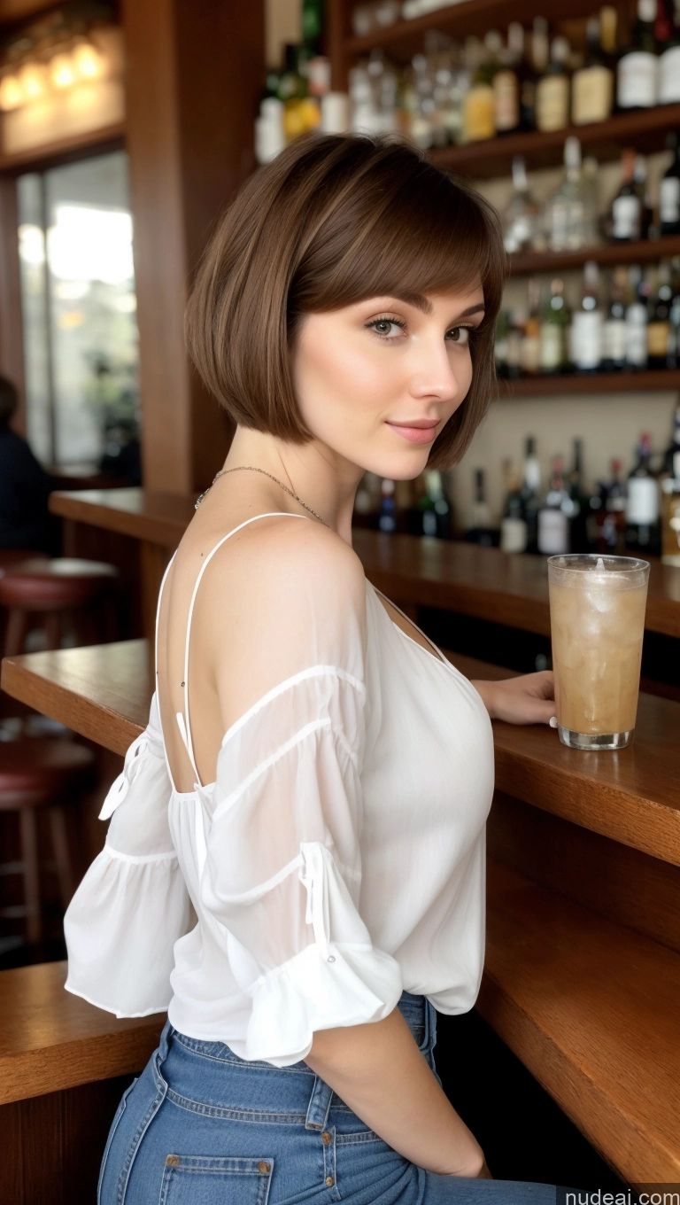 ai nude image of arafed woman sitting at a bar with a drink in her hand pics of Small Tits Beautiful Skinny Small Ass Fairer Skin 18 Brunette Short Hair Russian Blouse Detailed Bar Cleavage Jeans