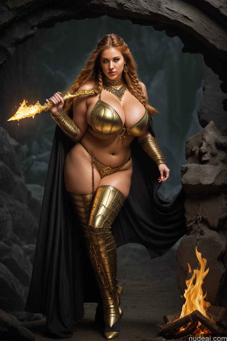 ai nude image of arafed woman in a gold outfit holding a sword and a fire pics of Huge Boobs Big Ass Abs Fairer Skin Indian Sorority Several 20s Sexy Face Ginger Braided Dark Fantasy Hell Close-up View Nude Fantasy Armor Medieval Death Knight Detailed Gold Jewelry Big Hips Long Legs Fat Oiled Body Chubby