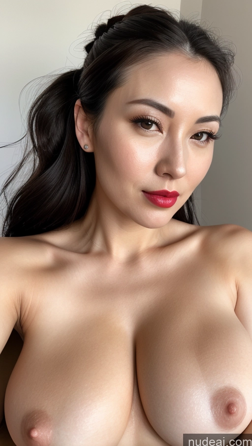 ai nude image of a close up of a woman with a big breast posing for a picture pics of Woman One Huge Boobs Beautiful Lipstick Fairer Skin 30s Black Hair Close-up View Detailed Asian Hair Bun Nude