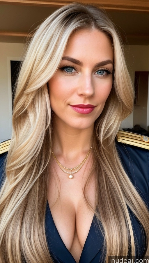 ai nude image of a woman with long blonde hair and a blue dress posing for a picture pics of Perfect Boobs Pubic Hair Perfect Body 30s Blonde Long Hair Gold Jewelry Pearl Jewelry Scandinavian Lipstick Military