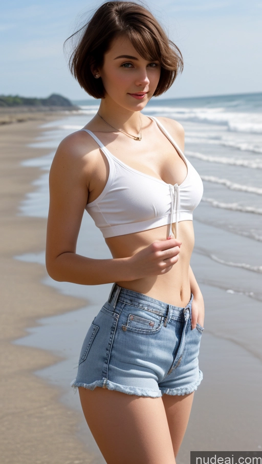 ai nude image of arafed woman in white top and blue shorts standing on beach pics of Small Tits Beautiful Small Ass Skinny Fairer Skin 18 Brunette Short Hair Russian Detailed Cleavage Shirt Daisy Dukes Beach