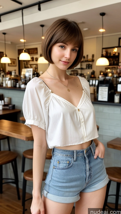 ai nude image of arafed woman in a white top and denim shorts posing for a picture pics of Small Tits Beautiful Skinny Small Ass Fairer Skin 18 Brunette Short Hair Russian Cafe Blouse Daisy Dukes Detailed