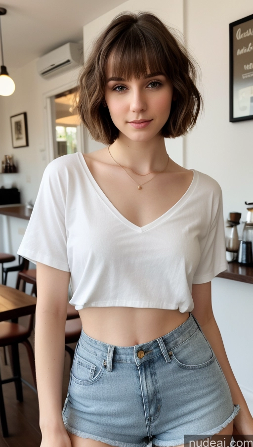 ai nude image of arafed woman in a white shirt and denim shorts posing for a picture pics of Small Tits Beautiful Skinny Small Ass Fairer Skin 18 Brunette Short Hair Russian Cafe Daisy Dukes Detailed Shirt