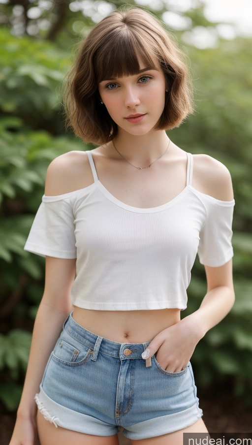 ai nude image of arafed woman in white top and denim shorts posing for a picture pics of Small Tits Beautiful Skinny Small Ass Fairer Skin 18 Brunette Short Hair Russian Daisy Dukes Detailed Shirt