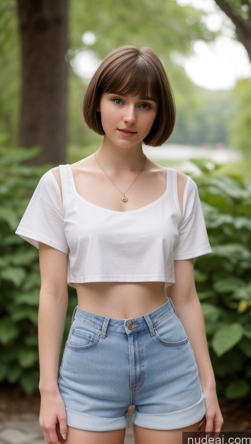 ai nude image of arafed woman in a white crop top and denim shorts pics of Small Tits Beautiful Skinny Small Ass Fairer Skin 18 Brunette Short Hair Russian Daisy Dukes Detailed Shirt