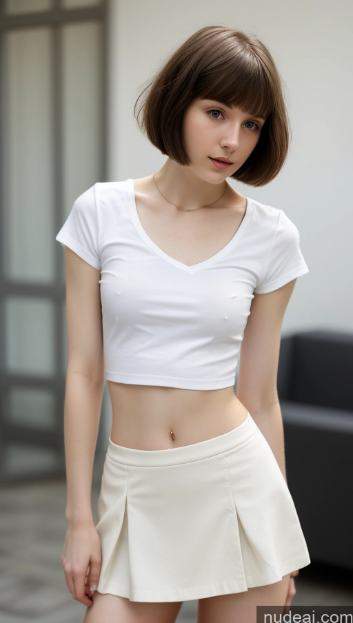 ai nude image of there is a woman in a white shirt and a white skirt pics of Small Tits Beautiful Skinny Small Ass Fairer Skin 18 Brunette Short Hair Russian Detailed Shirt Micro Skirt