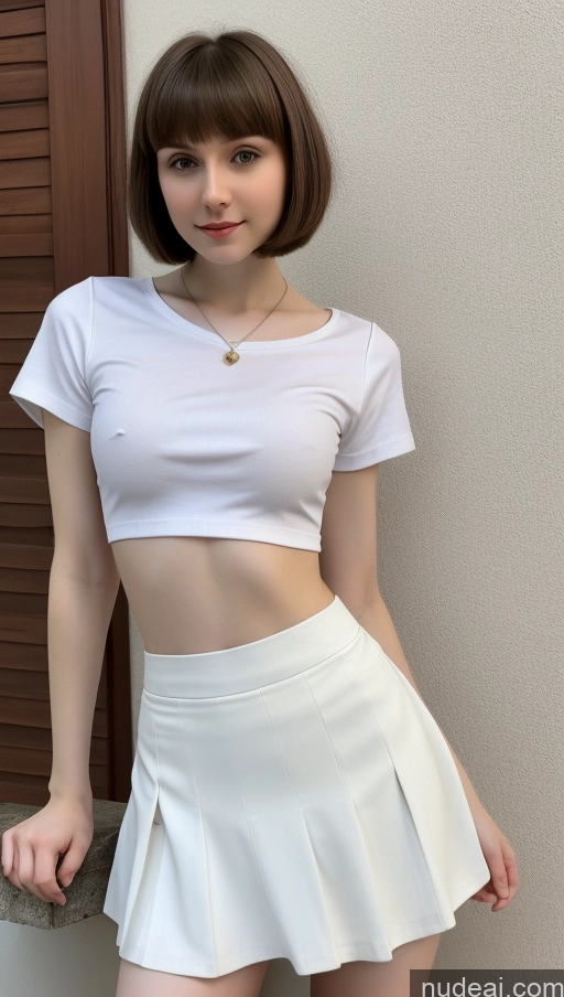 ai nude image of arafed woman in a white top and a white skirt pics of Small Tits Beautiful Skinny Small Ass Fairer Skin 18 Brunette Short Hair Russian Detailed Shirt Micro Skirt