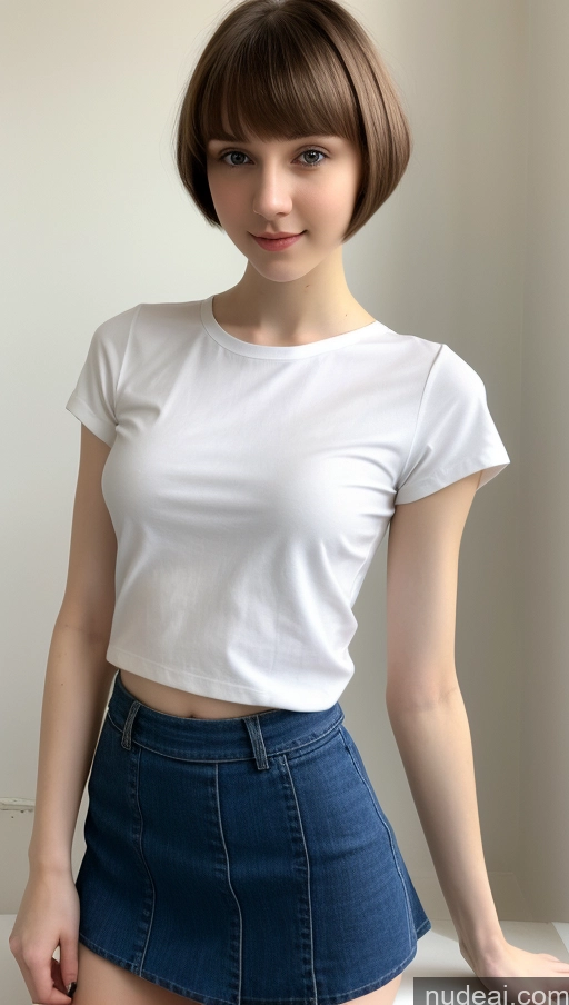 ai nude image of arafed woman in a white shirt and blue skirt posing for a picture pics of Small Tits Beautiful Skinny Small Ass Fairer Skin 18 Brunette Short Hair Russian Detailed Shirt Micro Skirt