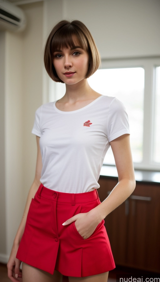 ai nude image of there is a woman in a white shirt and red shorts pics of Small Tits Beautiful Skinny Small Ass Fairer Skin 18 Brunette Short Hair Russian Detailed Shirt Micro Skirt Party