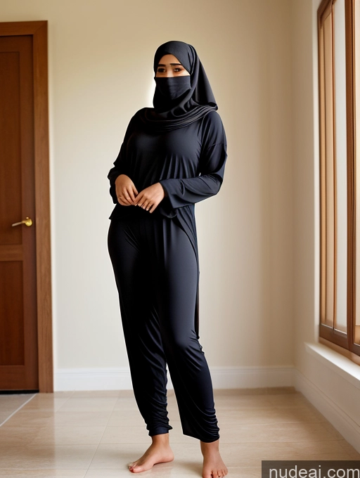 ai nude image of there is a woman standing in a room with a black outfit pics of Woman Happy Soft + Warm Front View T-pose Nude Simple Perfect Body Beautiful Perfect Boobs 20s Arabic Black Hair Niqab Harem Pants Gold Jewelry