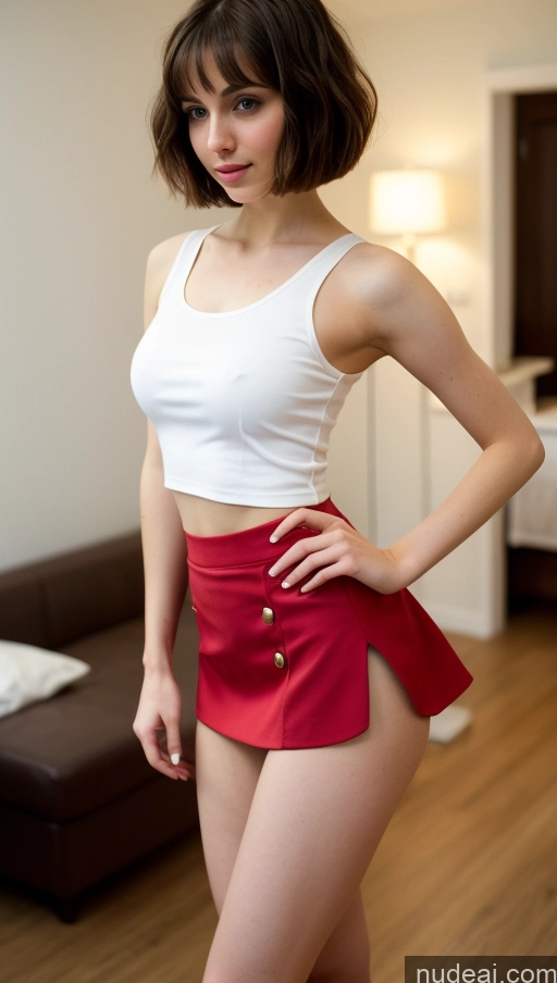 ai nude image of there is a woman in a red skirt posing for a picture pics of Small Tits Beautiful Small Ass Skinny Short Hair Fairer Skin 18 Brunette Russian Party Blouse Mini Skirt Detailed Tank Top