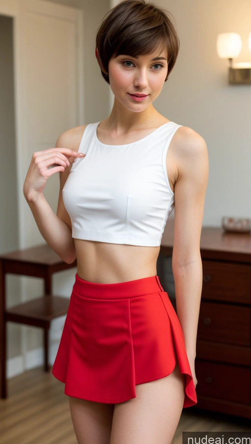 ai nude image of there is a woman in a red skirt posing for a picture pics of Small Tits Beautiful Small Ass Skinny Short Hair Fairer Skin 18 Brunette Russian Party Blouse Mini Skirt Detailed Crop Top