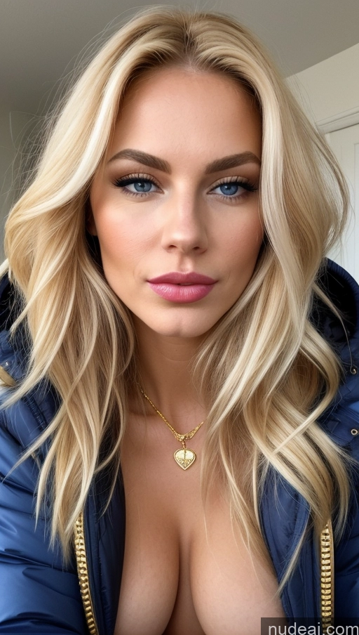 ai nude image of a close up of a woman with a blue jacket and a necklace pics of Pubic Hair Perfect Body Blonde Long Hair Scandinavian Lipstick Long Legs Pouting Lips Busty Gold Jewelry Cleavage Parka