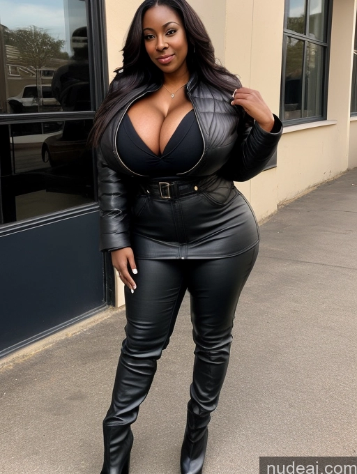 ai nude image of a woman in a black leather outfit posing for a picture pics of Busty Perfect Boobs Huge Boobs Beautiful Skinny Perfect Body Dark Skin 40s Long Hair Nigerian Soft + Warm Front View Boots Jacket Leather Teacher