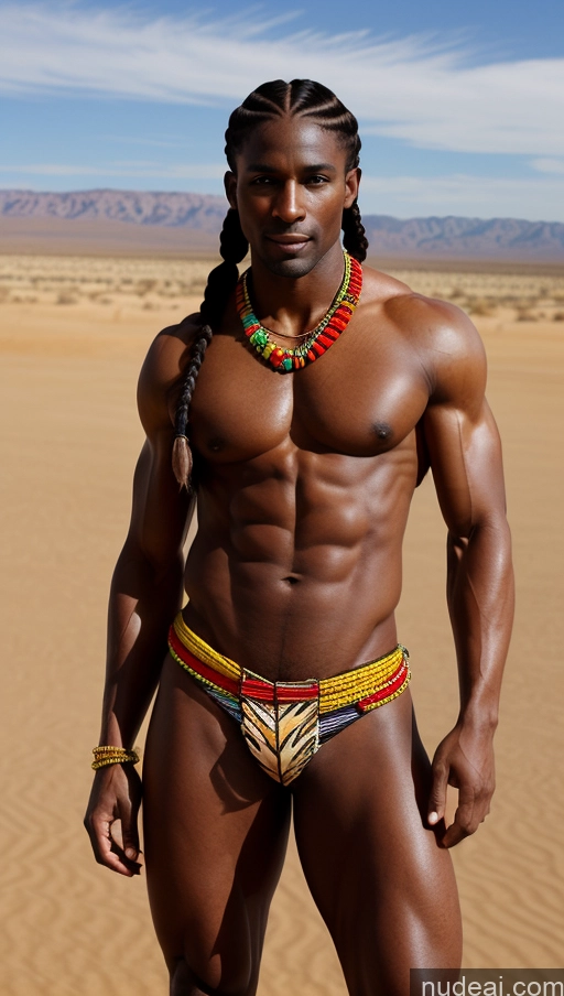 ai nude image of arafed man in a tribal outfit standing in the desert pics of Bodybuilder Muscular Perfect Body Dark Skin One Nude Thick Pubic Hair Braided Desert White Hair Long Legs Soft + Warm 50s Abs African Traditional Harlequin