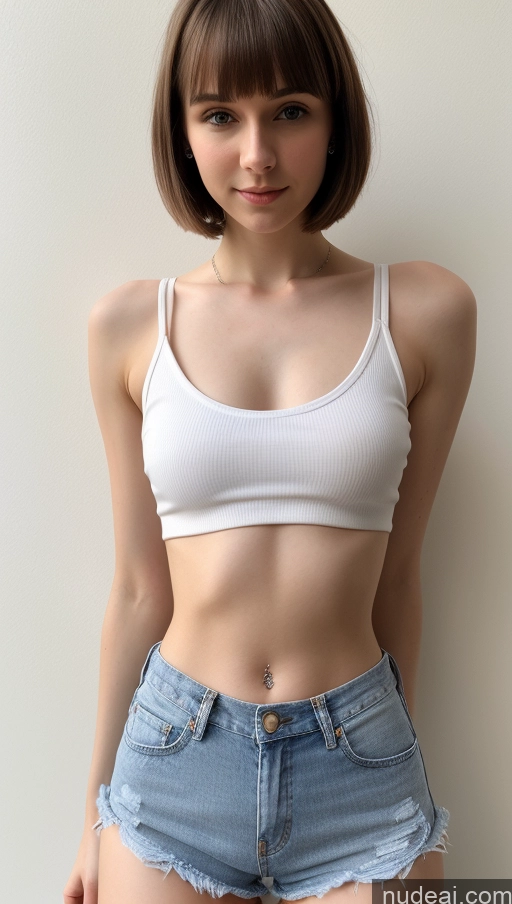 ai nude image of arafed woman in a white top and denim shorts posing for a picture pics of Small Tits Beautiful Skinny Small Ass Fairer Skin 18 Brunette Short Hair Russian Crop Top Detailed Daisy Dukes