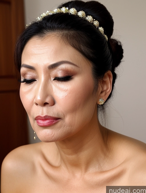 ai nude image of arafed woman with a wedding dress and a tiara looking down pics of Milf Beautiful Hair Bun 60s Asian Cumshot Traditional Orgasm Pouting Lips