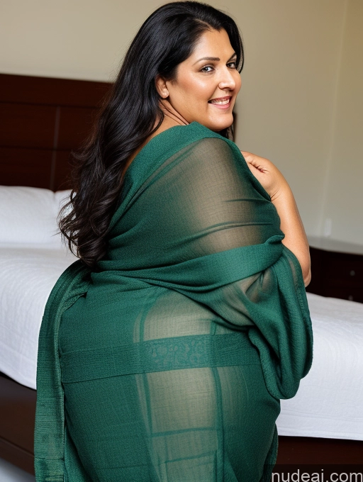 ai nude image of there is a woman wrapped up in a green blanket on a bed pics of Milf One 40s Black Hair Long Hair Sari Russian Chubby Back View Orgasm Bedroom Towel