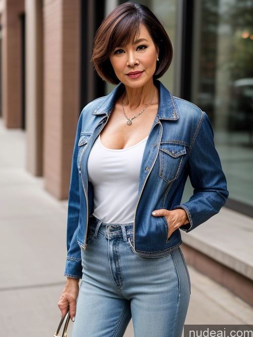 ai nude image of arafed woman in a white shirt and blue jacket standing on a sidewalk pics of Woman Small Tits Perfect Body Beautiful 60s Asian Casual Blouse Jeans Jacket High Heels Cleavage Short Hair