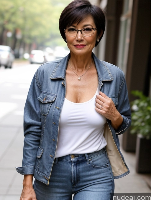 ai nude image of arafed woman in a white shirt and blue jean jacket pics of Small Tits Perfect Body Beautiful 60s Asian Casual Blouse Jeans Jacket High Heels Cleavage Short Hair Partially Nude Glasses Milf