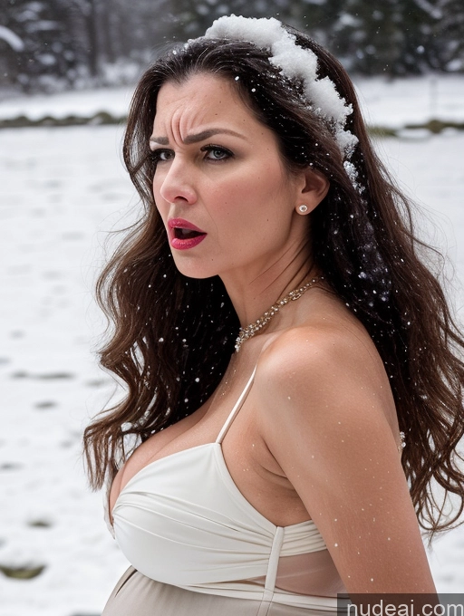 ai nude image of araffe woman in a white dress in the snow with a surprised look pics of Woman Busty Lipstick Skinny Short Pregnant 50s Angry Shocked Brunette Long Hair French Front View One Piece Swimsuit Pearl Jewelry Snow Dress Wedding Long Skirt