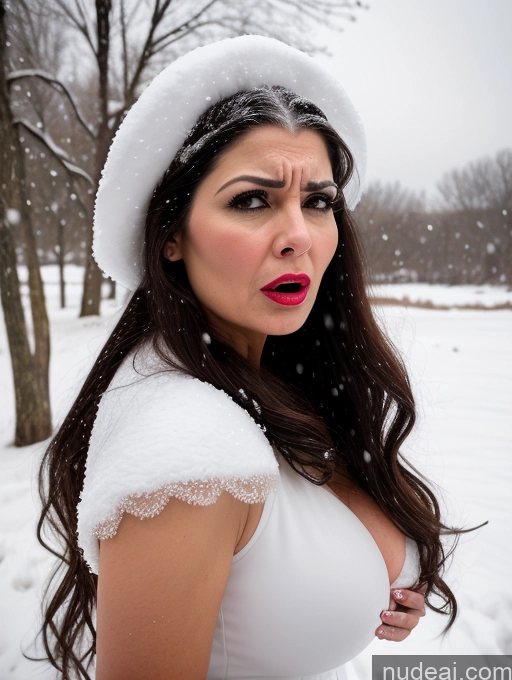 ai nude image of araffe woman in white dress and hat in snow covered park pics of Woman Busty Lipstick Skinny Short Pregnant 50s Angry Shocked Brunette Long Hair Front View Pearl Jewelry Snow Dress Wedding Long Skirt Latina