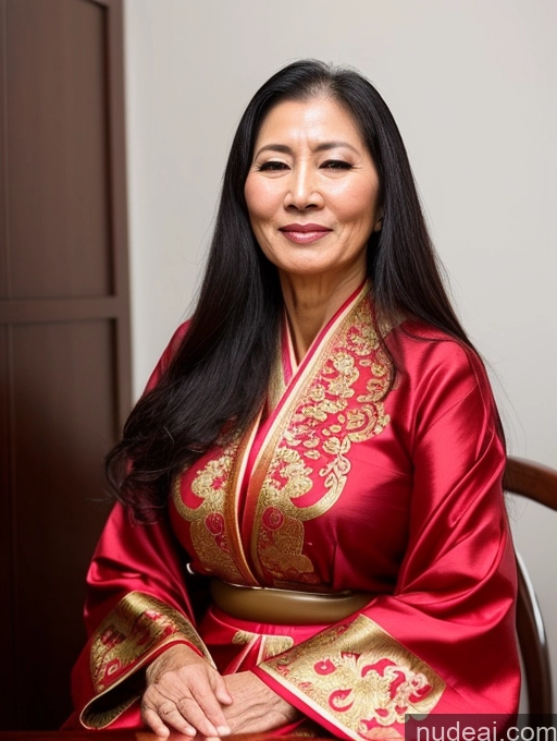 ai nude image of arafed woman in a red and gold kimono sitting in a chair pics of Milf Beautiful Long Hair Asian Traditional Cumshot Orgasm Sexy Face 60s