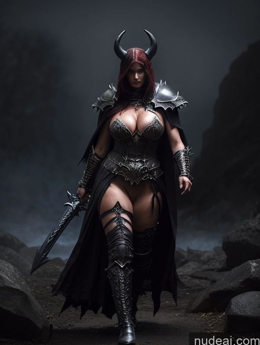 ai nude image of arafed woman in armor with a sword and a helmet pics of Sorority Several Huge Boobs Muscular Big Ass Abs Fat Long Legs Fairer Skin 50s Ginger Nude Fantasy Armor Dark Lighting Detailed Sexy Face Death Knight Hell