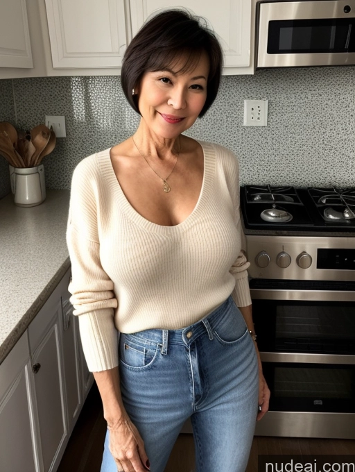 ai nude image of arafed woman in a kitchen with a stove and a microwave pics of Small Tits Beautiful Perfect Body Blouse Casual High Heels Jeans Cleavage Short Hair Sweater Bra 70s Kitchen Milf Partially Nude Dark Lighting Chinese