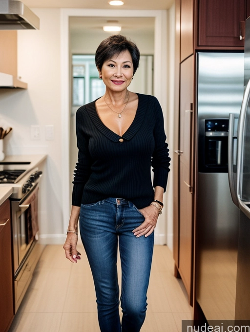 ai nude image of arafed woman in a black shirt and jeans standing in a kitchen pics of Small Tits Beautiful Perfect Body Blouse Casual High Heels Jeans Cleavage Short Hair Sweater Bra 70s Kitchen Milf Partially Nude Dark Lighting Chinese