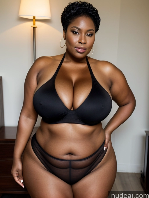 ai nude image of there is a woman in a black bikini posing for a picture pics of Milf Busty Huge Boobs Big Ass Big Hips Thick Chubby 80s Serious African Front View Casual Traditional Transparent Partially Nude Spreading Legs