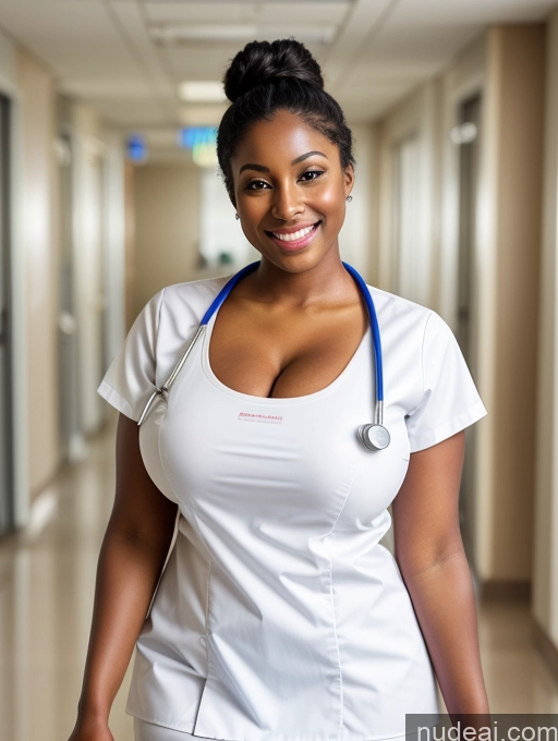 ai nude image of arafed woman in a white shirt and blue stethoscope pics of Busty Beautiful Skinny 20s Hospital Black Hair Bun Brunette Dark Skin Huge Boobs Doctor Happy Cleavage